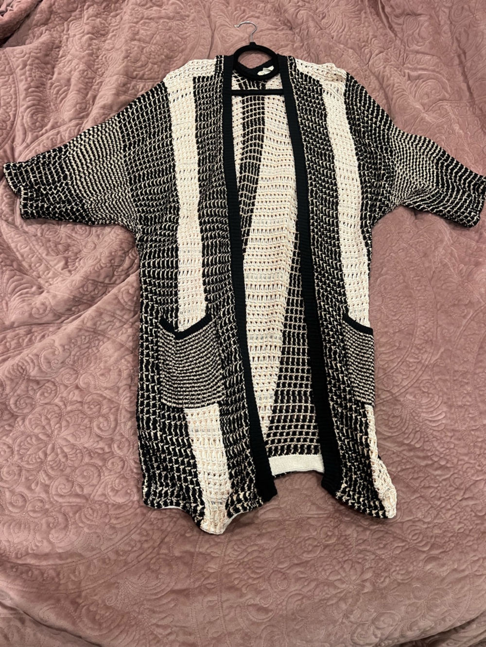 Lucky Brand Black and Cream Striped Open-Knit Cardigan